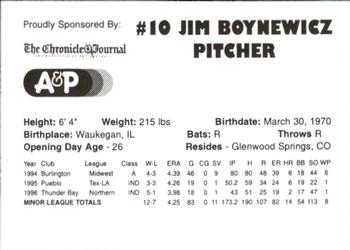 1996 Thunder Bay Whiskey Jacks #NNO Jim Boynewicz Back