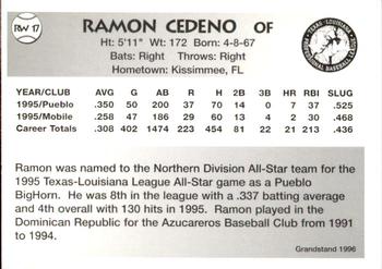 1996 Grandstand Rio Grande Valley WhiteWings #RW17 Ramon Cedeno Back