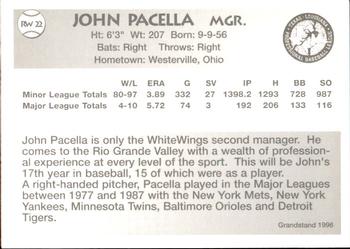 1996 Grandstand Rio Grande Valley WhiteWings #RW22 John Pacella Back