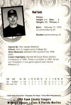 1996 Kane County Cougars #NNO Rod Getz Back