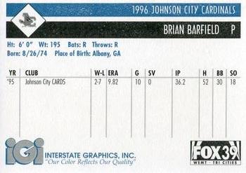 1996 Johnson City Cardinals #NNO Brian Barfield Back