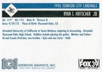 1996 Johnson City Cardinals #NNO Ryan Kritscher Back