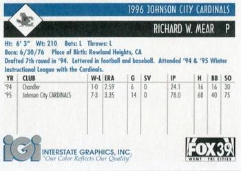 1996 Johnson City Cardinals #NNO Richard Mear Back