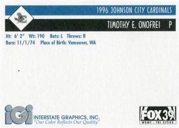 1996 Johnson City Cardinals #NNO Tim Onofrei Back