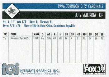 1996 Johnson City Cardinals #NNO Luis Saturria Back