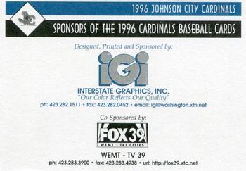 1996 Johnson City Cardinals #NNO Checklist Back