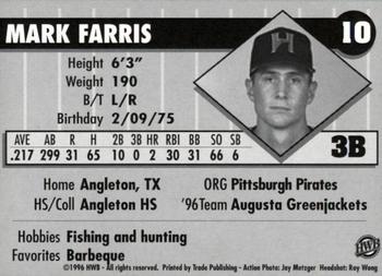 1996 HWB Honolulu Sharks #10 Mark Farris Back