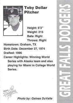 1996 Great Falls Dodgers #7 Toby Dollar Back