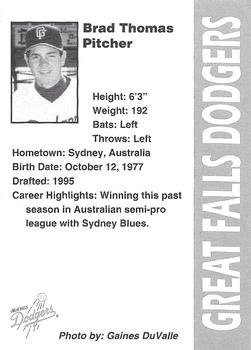 1996 Great Falls Dodgers #15 Brad Thomas Back