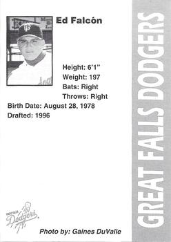 1996 Great Falls Dodgers #18 Edwin Falcon Back
