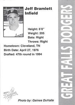 1996 Great Falls Dodgers #20 Jeff Bramlett Back