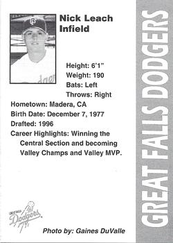 1996 Great Falls Dodgers #23 Nick Leach Back