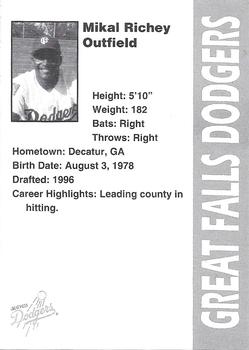1996 Great Falls Dodgers #30 Mikal Richey Back