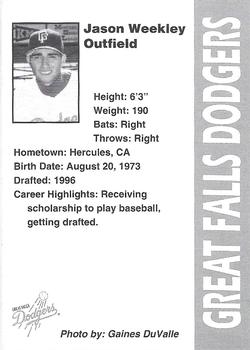 1996 Great Falls Dodgers #32 Jason Weekley Back