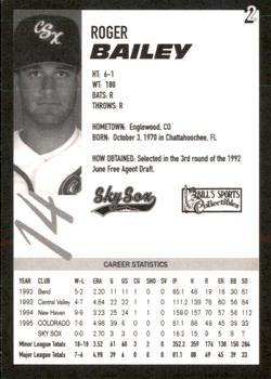 1996 Colorado Springs Sky Sox #2 Roger Bailey Back