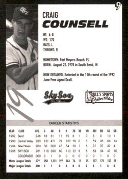 1996 Colorado Springs Sky Sox #9 Craig Counsell Back
