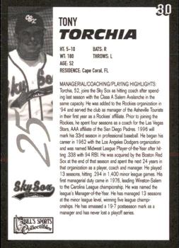 1996 Colorado Springs Sky Sox #30 Tony Torchia Back