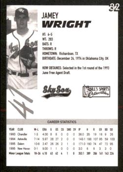 1996 Colorado Springs Sky Sox #32 Jamey Wright Back