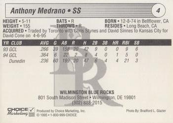 1995 Choice Wilmington Blue Rocks #NNO Anthony Medrano Back