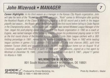 1995 Choice Wilmington Blue Rocks #NNO John Mizerock Back