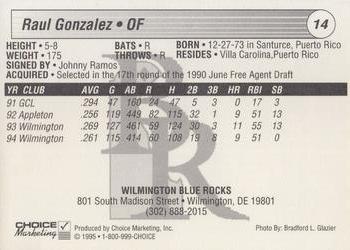 1995 Choice Wilmington Blue Rocks #NNO Raul Gonzalez Back