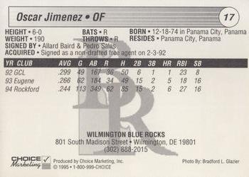 1995 Choice Wilmington Blue Rocks #NNO Oscar Jimenez Back