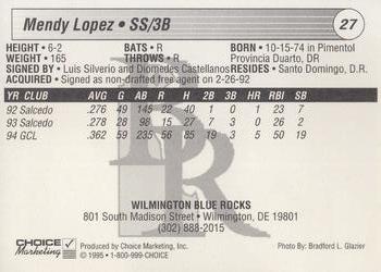1995 Choice Wilmington Blue Rocks #NNO Mendy Lopez Back