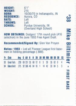 1995 Vero Beach Dodgers #NNO Mike Biltimier Back