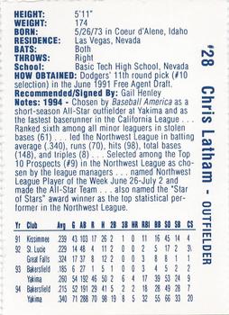 1995 Vero Beach Dodgers #NNO Chris Latham Back