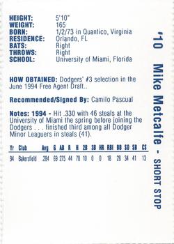 1995 Vero Beach Dodgers #NNO Mike Metcalfe Back