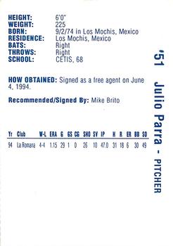 1995 Vero Beach Dodgers #NNO Julio Parra Back