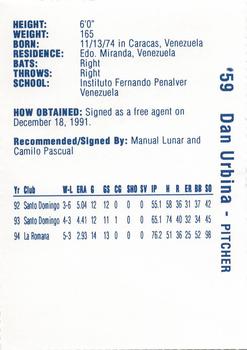 1995 Vero Beach Dodgers #NNO Dan Urbina Back