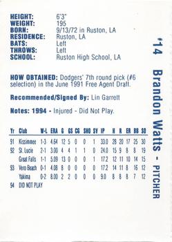 1995 Vero Beach Dodgers #NNO Brandon Watts Back
