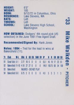1995 Vero Beach Dodgers #NNO Mike Walkden Back