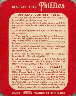 1955 Felin's Franks Match the Phillies #1 Mayo Smith Back