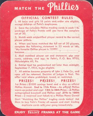1955 Felin's Franks Match the Phillies #4 Whit Wyatt Back