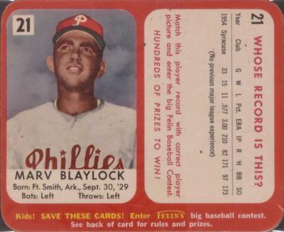 1955 Felin's Franks Match the Phillies #21 Marv Blaylock Front