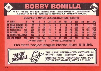 1986 Topps Traded #12T Bobby Bonilla Back