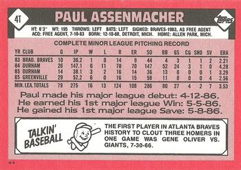 1986 Topps Traded #4T Paul Assenmacher Back