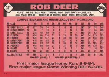 1986 Topps Traded #31T Rob Deer Back
