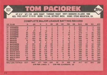 1986 Topps Traded #83T Tom Paciorek Back