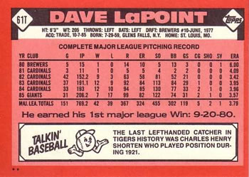 1986 Topps Traded #61T Dave LaPoint Back