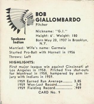 1960 Darigold Farms Spokane Indians #9 Bob Giallombardo Back