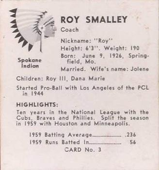 1960 Darigold Farms Spokane Indians #3 Roy Smalley Back