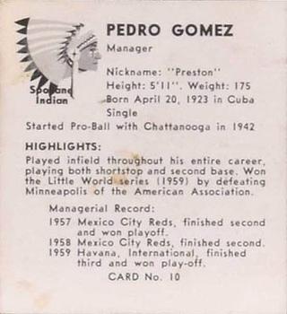 1960 Darigold Farms Spokane Indians #10 Pedro Gomez Back