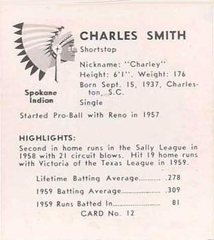 1960 Darigold Farms Spokane Indians #12 Charles Smith Back