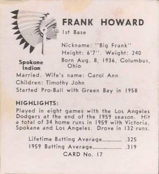 1960 Darigold Farms Spokane Indians #17 Frank Howard Back