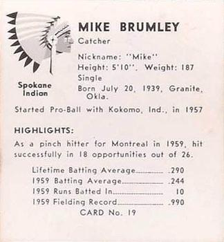 1960 Darigold Farms Spokane Indians #19 Mike Brumley Back