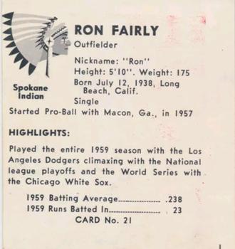 1960 Darigold Farms Spokane Indians #21 Ron Fairly Back