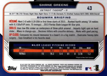 2015 Bowman Chrome #43 Shane Greene Back